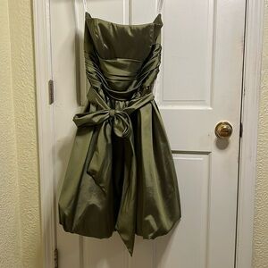David’s Bridal Green Short Formal Dress With Detachable Tie and Ruffle Accents